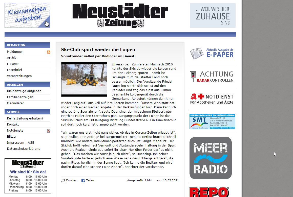 PR SkiClub Eilvese Neustaedter Zeitung Langlauf Loipe 210211